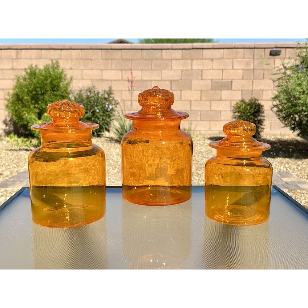 3 Vibrant Orange Glass Takahashi Hand Blown Apothecary Jar Canister Daisy Lid